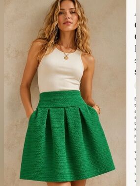 Anthropologie Girls From Savoy Green Textured Pleated A-Line Skirt Size Small
